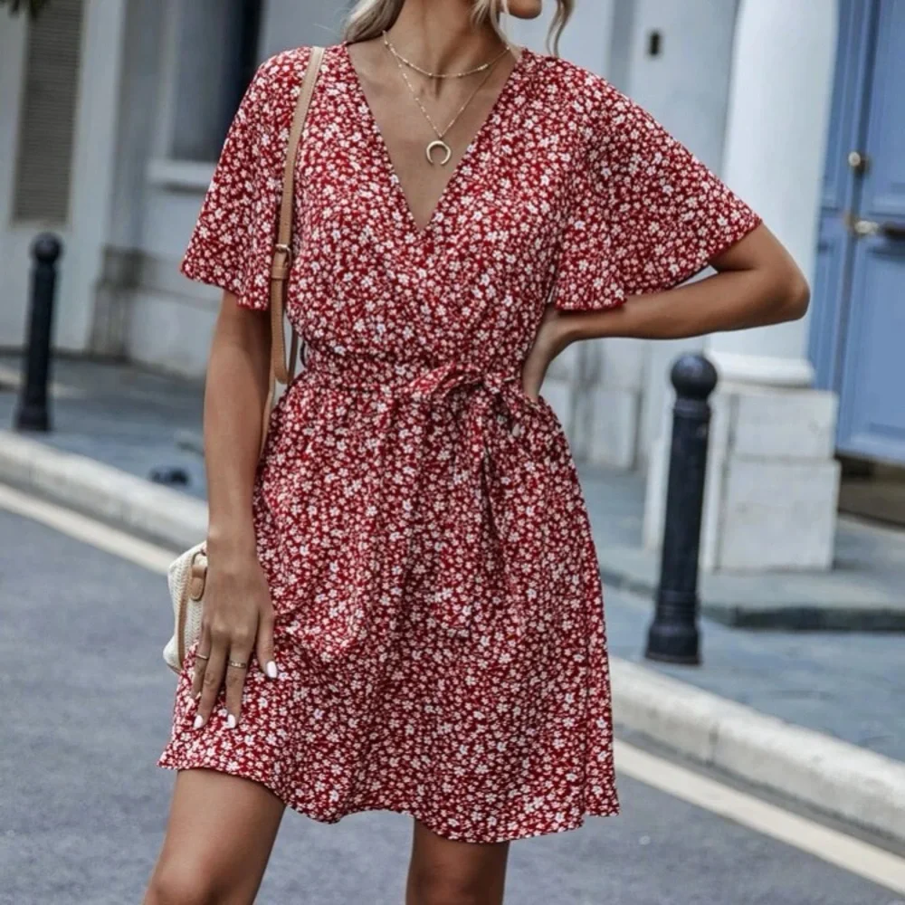Floral print butterfly sleeve belted dress